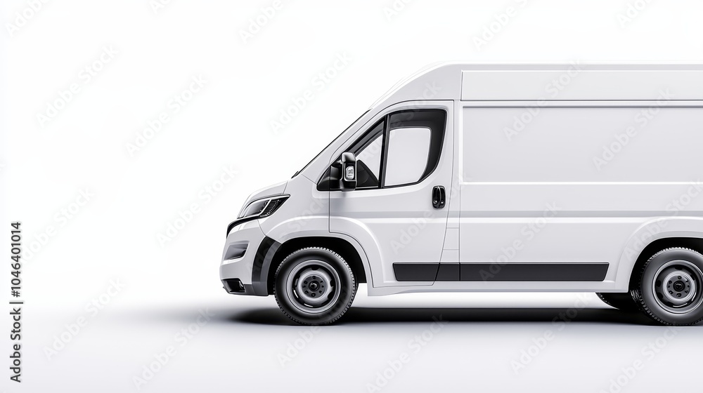 Front-side view of a white delivery van on a plain white background, minimalist design with smooth, reflective bodywork and subtle shadow Front-side view of a white delivery van on a plain white background, minimalist design with smooth, reflective bodywork and subtle shadow
