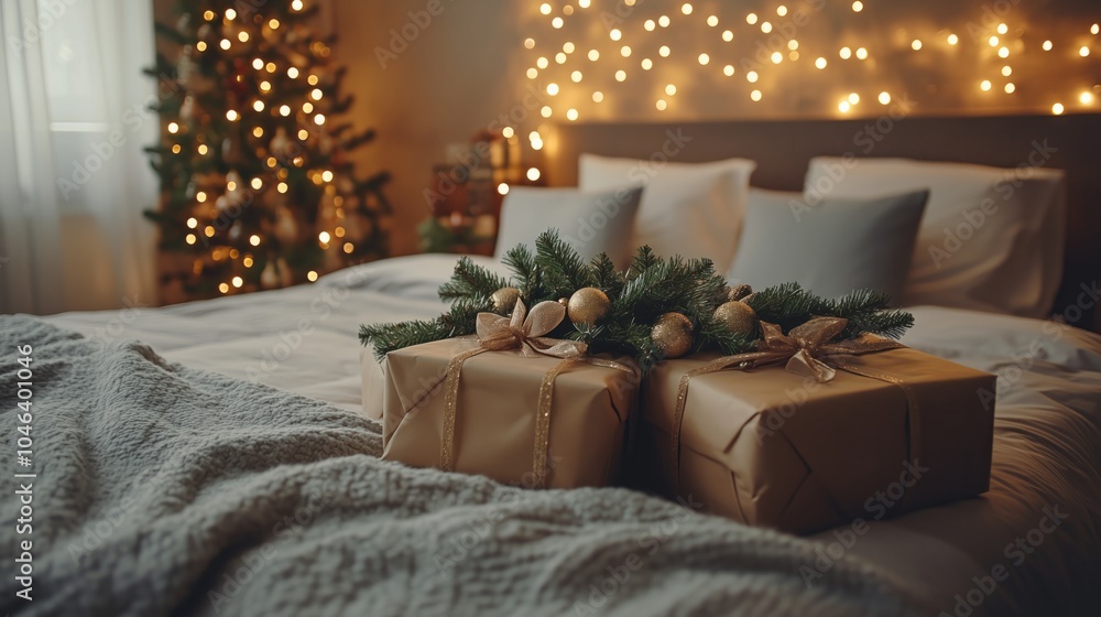 Authentic Chrismas presents on top of bed with suspend decoration Authentic Chrismas presents on top of bed with suspend decoration