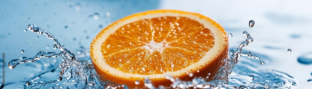Juicy orange slice surrounded by water droplets, dynamic splash effect, blue sky backdrop, fresh and zesty aesthetic Juicy orange slice surrounded by water droplets, dynamic splash effect, blue sky backdrop, fresh and zesty aesthetic