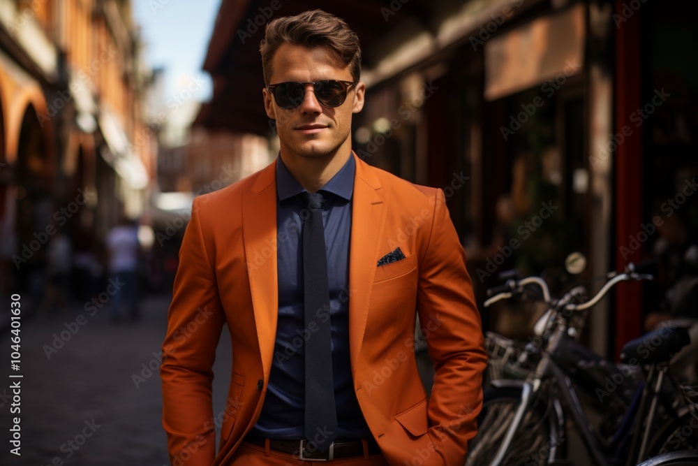 A man in an orange suit and blue tie stands in front of a bicycle A man in an orange suit and blue tie stands in front of a bicycle