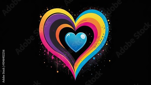 A colorful heart design with a blue heart in the center, set against a black background