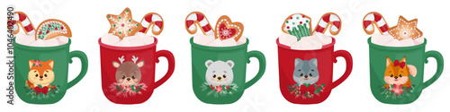 Vector illustration with funny cup with delicious aromatic cocoa with marshmallows and crispy Christmas cookies. Vector strip for textiles, wrapping paper, posters