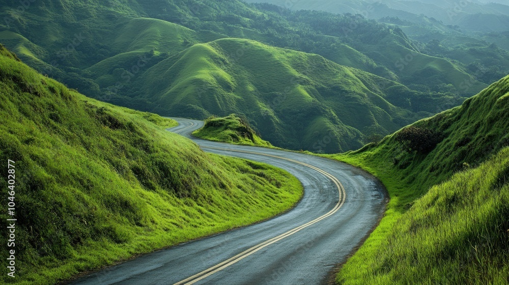 Fototapeta premium Verdant hillsides embracing winding sea road