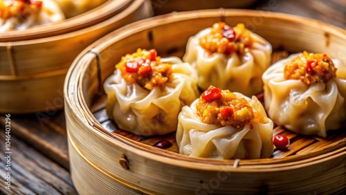 Close-up of a Hong Kong famous street food siu mai fish dumpling topped with spicy oil , Hong Kong, street food photo