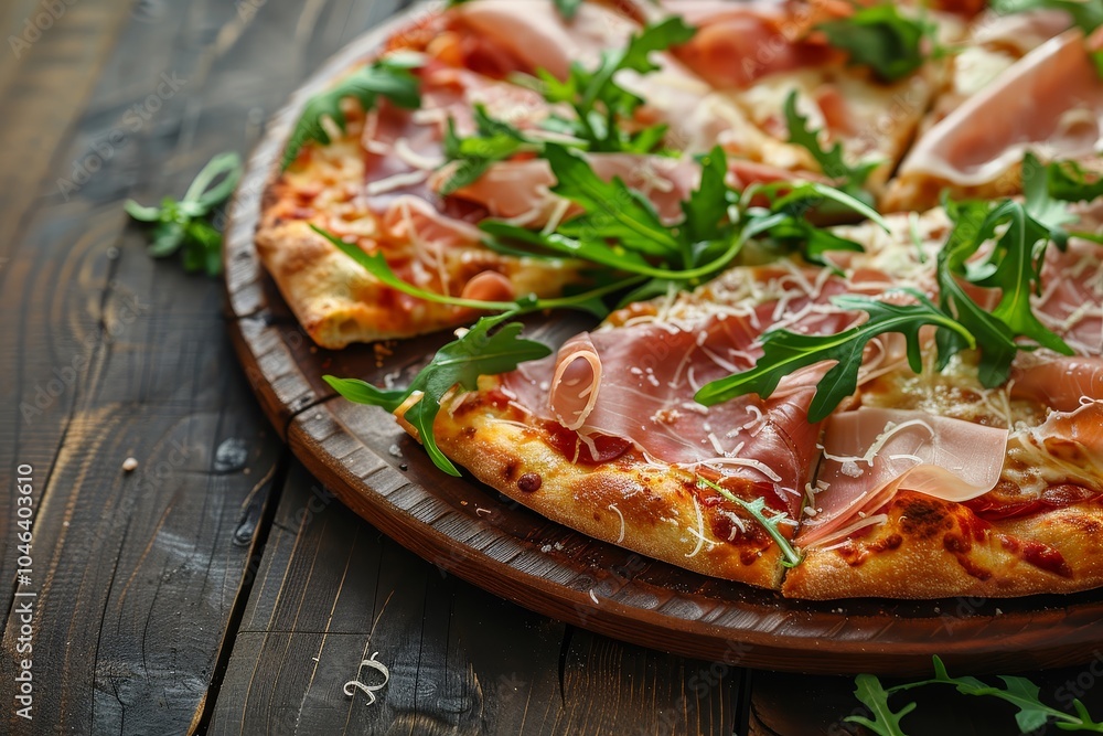A Close up of pizza with prosciutto arugula and parmesan on a dark wooden background representing Italian cuisine A Close up of pizza with prosciutto arugula and parmesan on a dark wooden background representing Italian cuisine