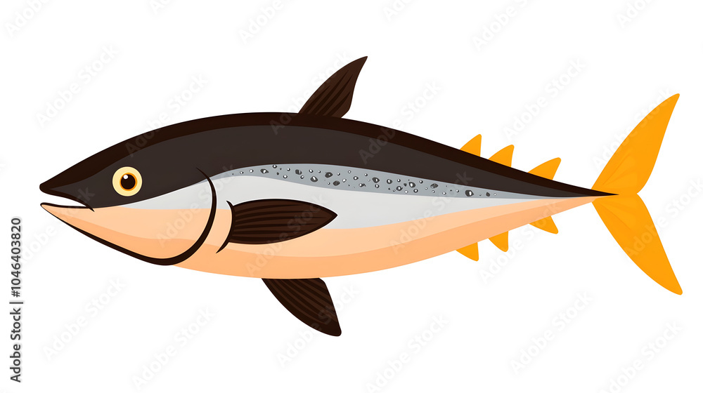 Colorful illustration of fish featuring streamlined body, distinct fins, and vibrant colors. This fish showcases blend of black, yellow, and silver hues, making it visually striking Colorful illustration of fish featuring streamlined body, distinct fins, and vibrant colors. This fish showcases blend of black, yellow, and silver hues, making it visually striking