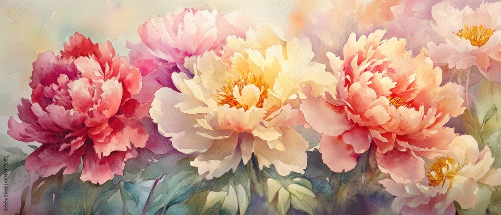 Lush peony garden scene, watercolor technique Lush peony garden scene, watercolor technique