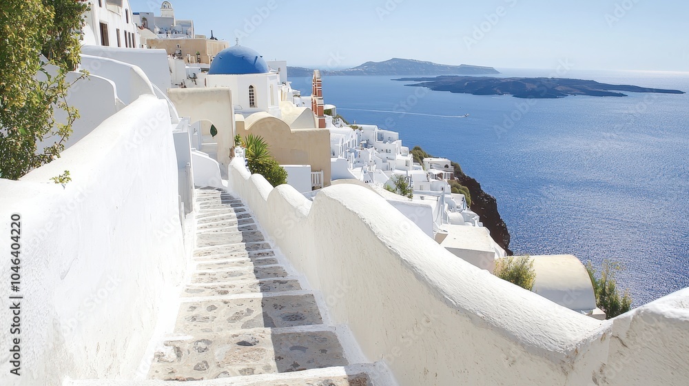Fototapeta premium Serene Panoramic View of Santorini's Whitewashed Buildings