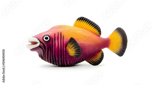 Colorful fish toy with vibrant hues of pink, orange, and yellow, featuring exaggerated fins and playful expression. This whimsical design adds fun touch to any collection