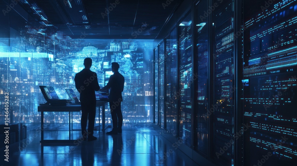 Two men in server room analyzing data Two men in server room analyzing data