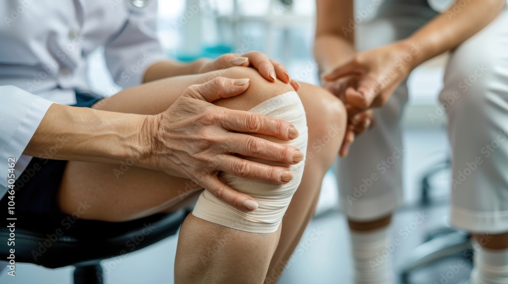 Fototapeta premium Healthcare Professional Assisting Senior in Modern Physical Therapy Clinic Setting