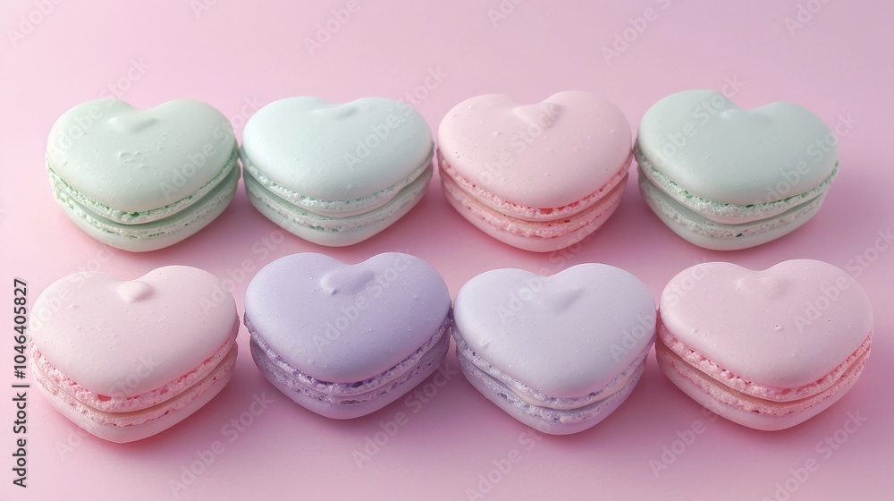 Charming heart shaped macarons in pastel colors on a soft pink background for a sweet delight Charming heart shaped macarons in pastel colors on a soft pink background for a sweet delight
