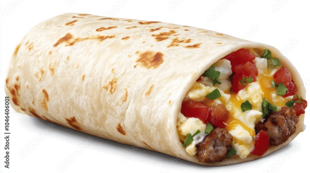 A detailed shot of a breakfast burrito filled with eggs, sausage, and cheese, showcasing its hearty ingredients. A detailed shot of a breakfast burrito filled with eggs, sausage, and cheese, showcasing its hearty ingredients.