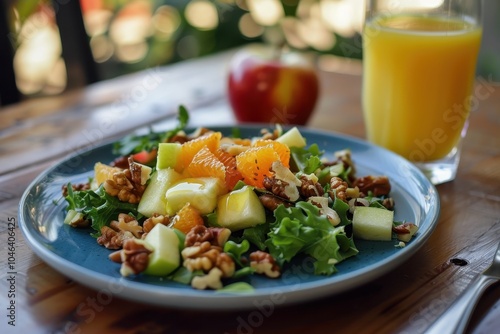 Apple walnut salad like Waldorf on blue plate with orange juice