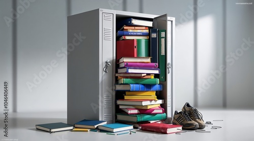 Colorful Books and Sneakers Inside an Open Locker in a School Setting