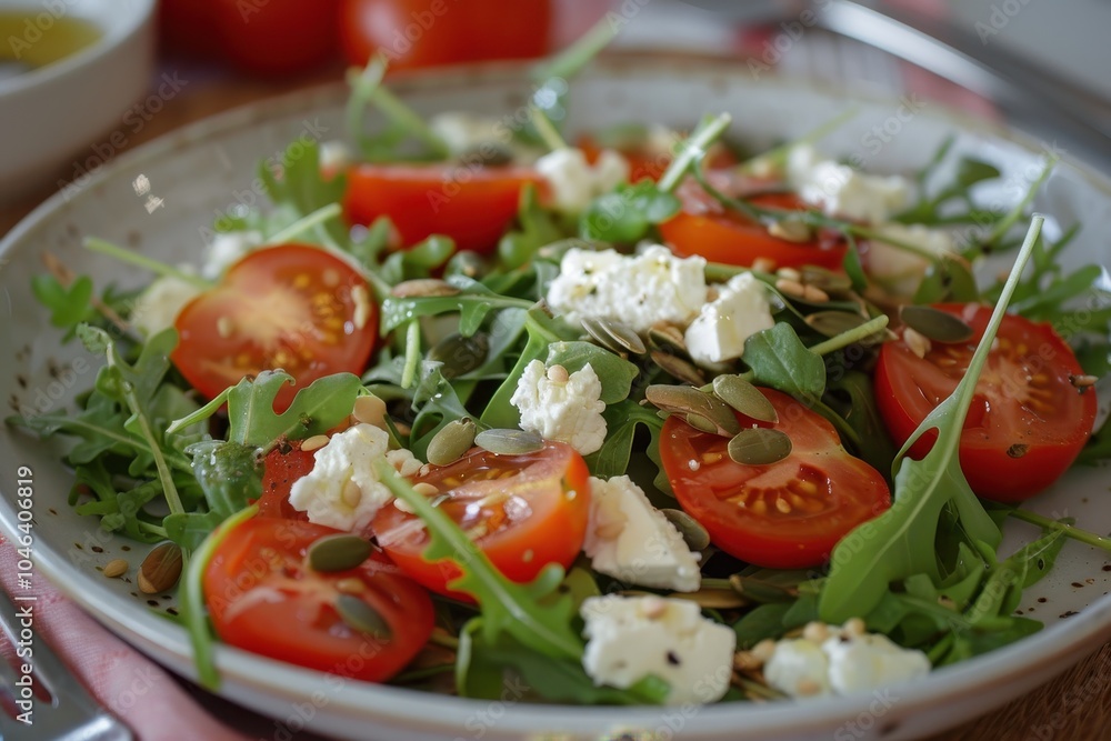 Arugula salad with goat cheese tomatoes and pumpkin seeds Arugula salad with goat cheese tomatoes and pumpkin seeds