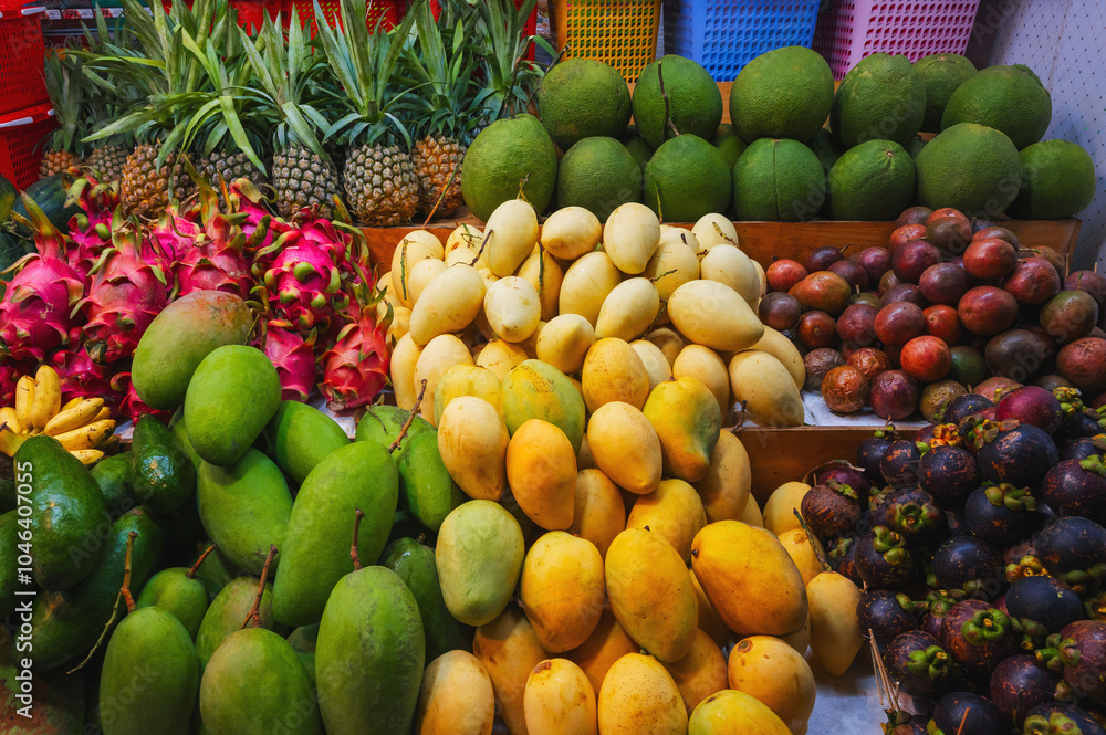 Naklejka premium assortment of tropical fruits on market in Asia. Exotic fruits on the counter in a street store in Vietnam. Mango, pitahaya, pineapple, mangosteen and passion fruit