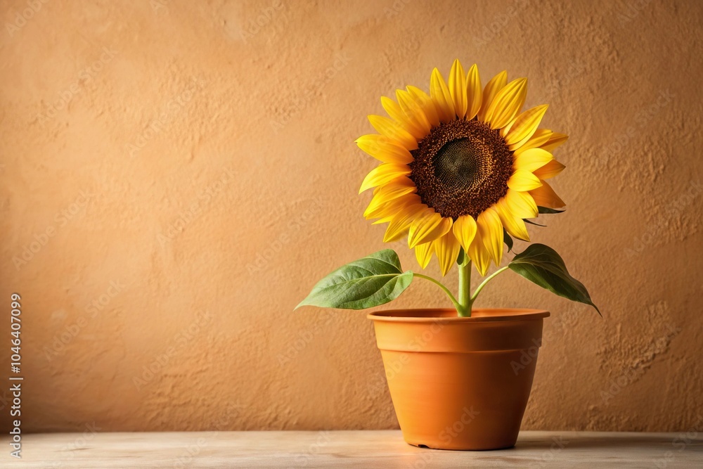 Obraz premium Close-up of a single sunflower in a terracotta pot against a beige wall, sunflower, natural beauty, rustic charm, botanical photography