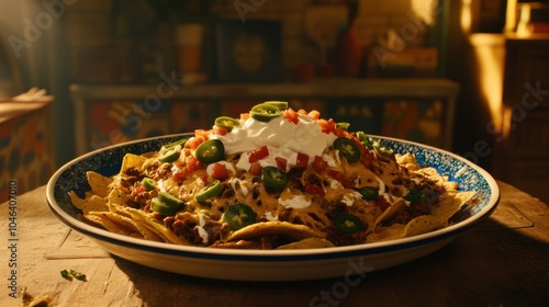 A detailed shot of a loaded nacho plate with cheese, jalapes, sour cream, and guacamole, perfect for sharing. photo