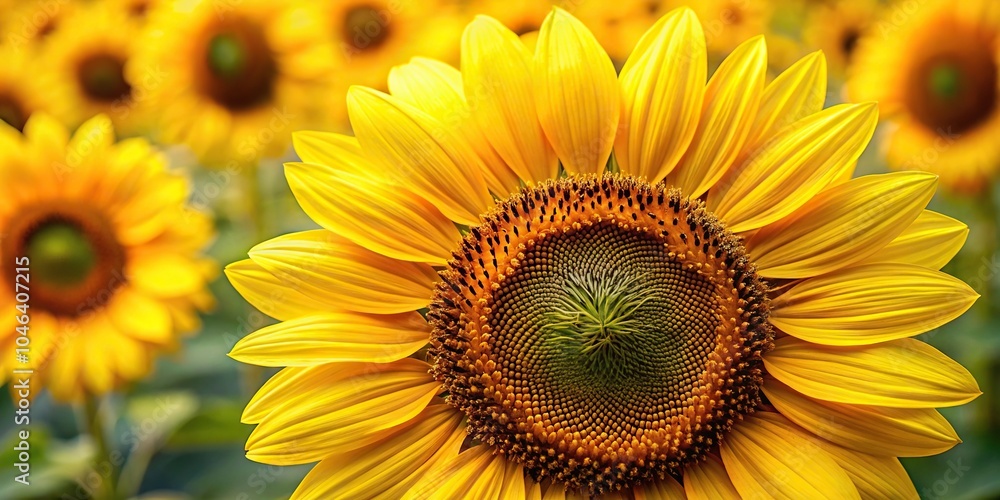 Close-up of a single sunflower head with dark centers and bright yellow petals in a repeating pattern, design, botanical, flower, graphic Close-up of a single sunflower head with dark centers and bright yellow petals in a repeating pattern, design, botanical, flower, graphic