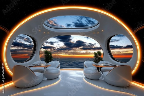 A futuristic, floating restaurant with panoramic views of a futuristic cityscape, offering an ultra-modern dining experience in the clouds, symbolizing luxury and technology photo