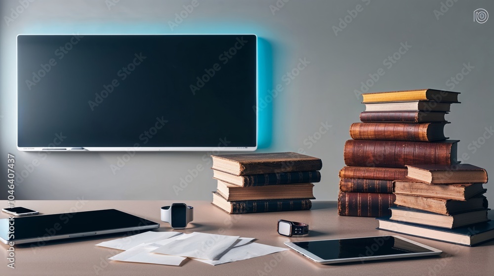 Modern Workspace with Technology and Classic Books for Professional Reading and Productivity Modern Workspace with Technology and Classic Books for Professional Reading and Productivity