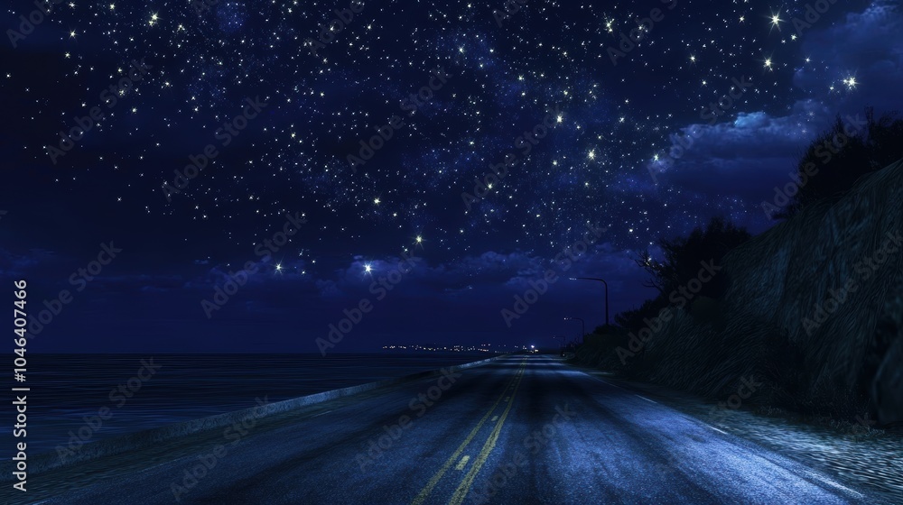 Naklejka premium Starry night sky over illuminated ocean highway