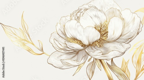 Fototapeta Naklejka Na Ścianę i Meble -  Single stem peony line drawing, gold accents