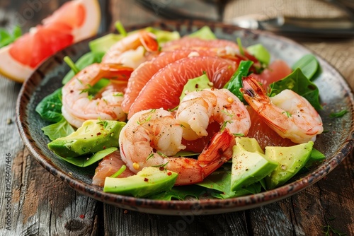 Avocado shrimp and grapefruit salad on wooden table