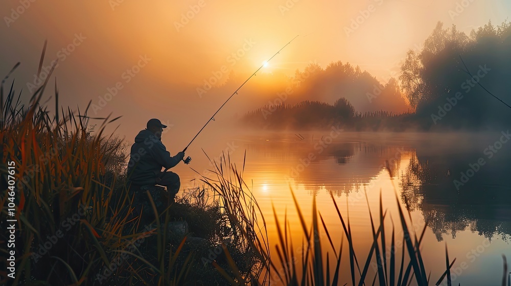 Fisher fishing on foggy sunrise. Fisher fishing on foggy sunrise.