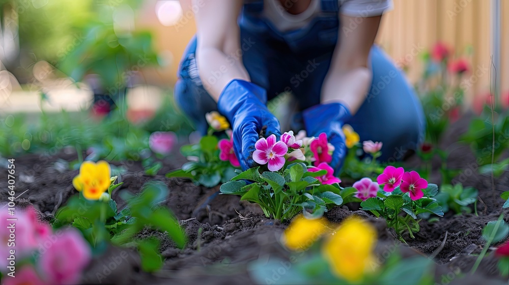 Gardener planting flowers in garden bed. Gardener planting flowers in garden bed.