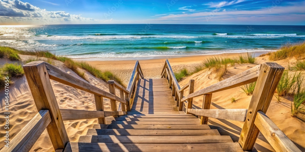 Obraz premium Wooden stairs leading down to the sandy beach, stairs, wooden, steps, descent, beach, shore, coastline, nature, outdoor