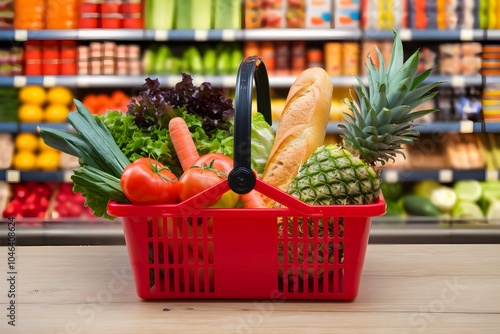 Red shopping basket filled with fresh produce, set against blurred grocery store backdrop