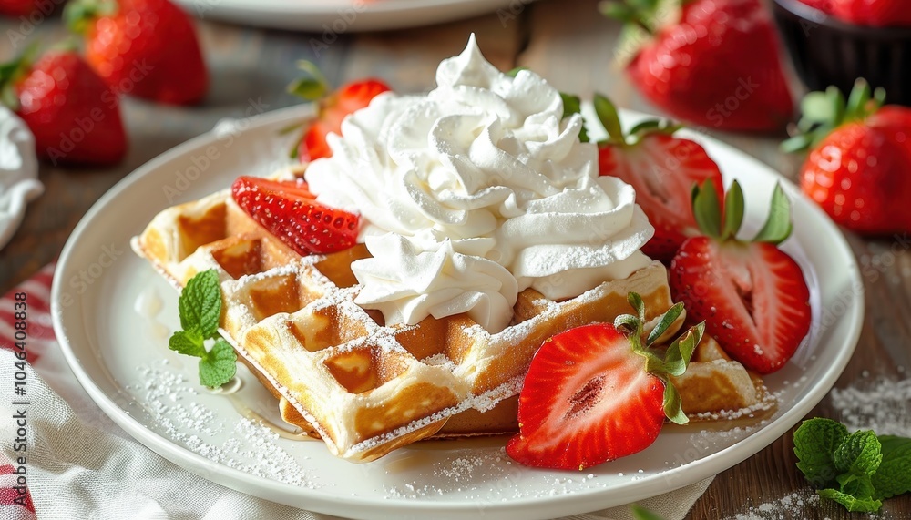 Belgian waffle topped with fresh strawberries and whipped cream on a white plate Belgian waffle topped with fresh strawberries and whipped cream on a white plate