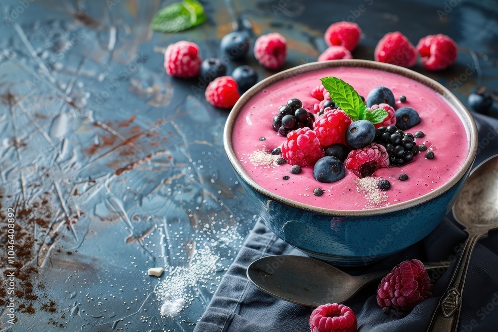 Berry topped pink smoothie bowls on a rustic surface Berry topped pink smoothie bowls on a rustic surface