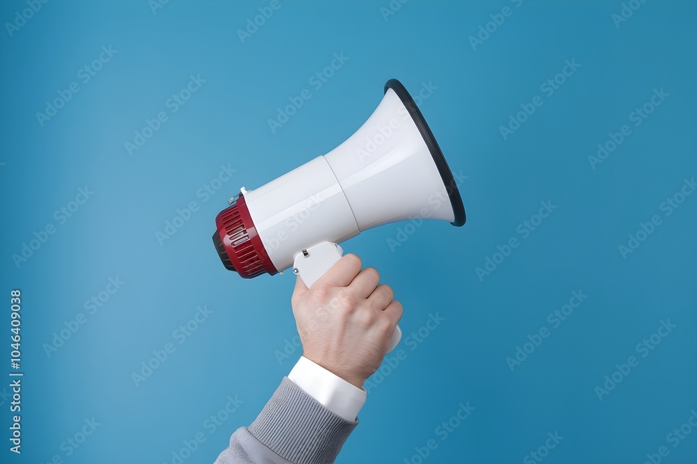 Hand holds white megaphone with red base, contrasting vibrant blue background Hand holds white megaphone with red base, contrasting vibrant blue background