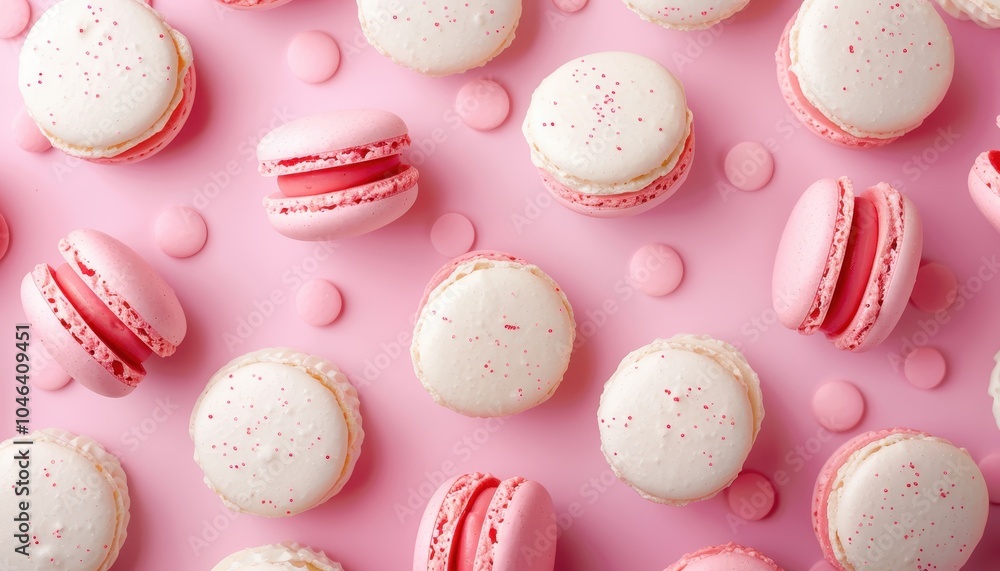 Obraz premium Bird s eye view of small pink and white macaron on delicate pink backdrop