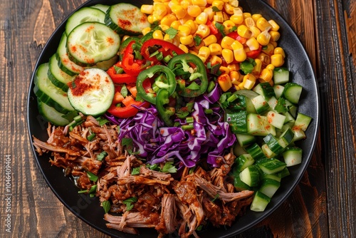 Bird s eye view of pulled pork cobb salad with red cabbage corn sweet pepper cucumber and jalapeno on black plate on wooden table photo