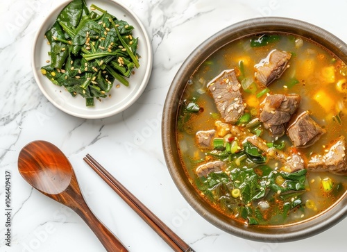 Bird s eye view of traditional Korean rice and seaweed soup topped with beef served in bowls alongside wooden utensils on a white surface in South Korea photo