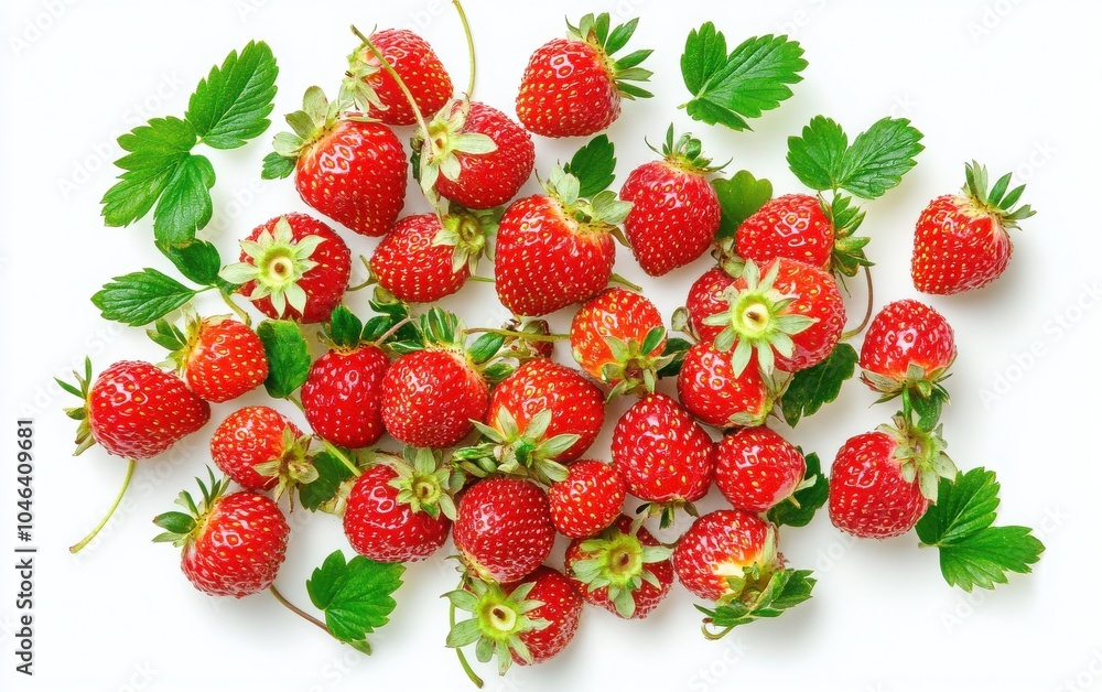 A fresh collection of vibrant red strawberries, adorned with small green leaves, showcasing their organic qualities and rich vitamin C content A fresh collection of vibrant red strawberries, adorned with small green leaves, showcasing their organic qualities and rich vitamin C content