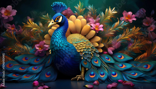 a peacock, full of flower on his body