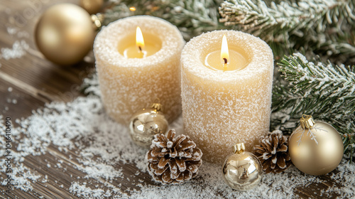 Close-up photo of Christmas candles dusted with festive decorations and artful details, surrounded by pinecones and ornaments