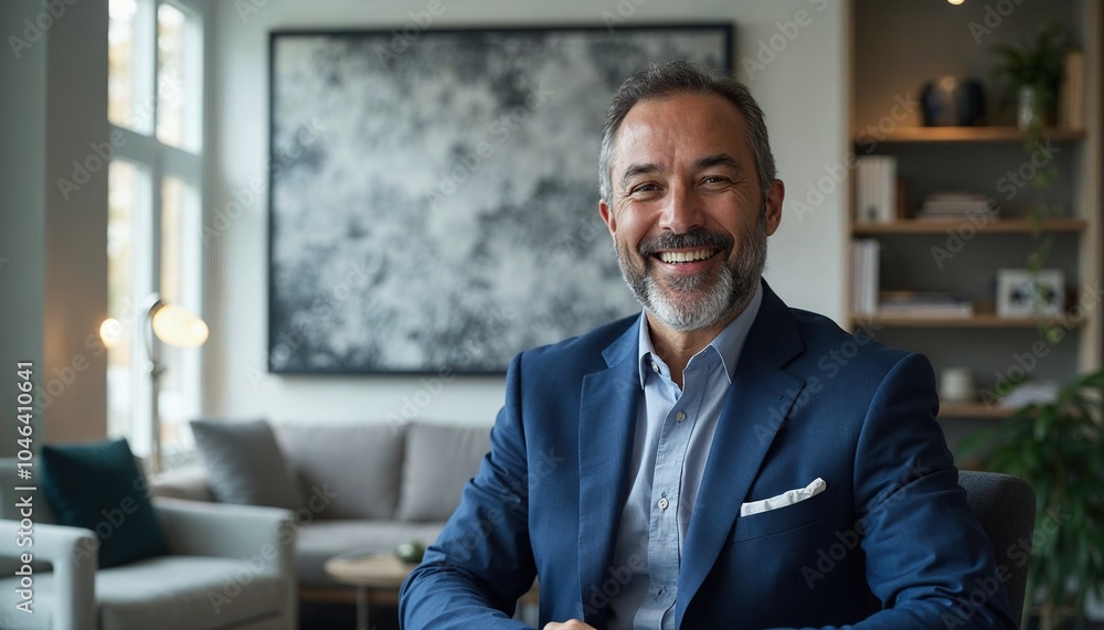 A senior businessman, confidently looking into the camera with a welcoming smile, surrounded by modern office furniture A senior businessman, confidently looking into the camera with a welcoming smile, surrounded by modern office furniture