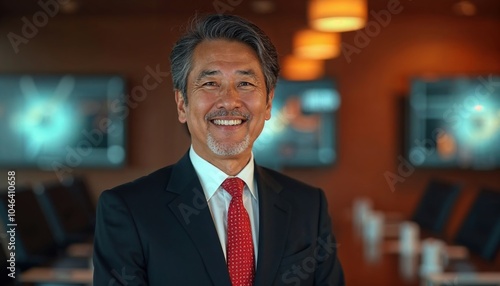 A mature and successful businessman with a friendly smile, standing in front of a corporate meeting room, looking directly into the camera