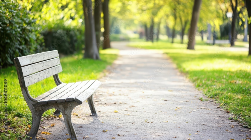 A selective focus on a solitary park bench, with the blurred path and trees in the background A selective focus on a solitary park bench, with the blurred path and trees in the background