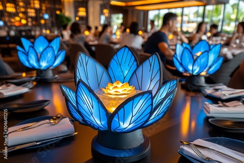 A magical, fantasy-themed restaurant with enchanted decor, floating candles, and glowing dishes being served to guests, symbolizing a whimsical and otherworldly dining experience photo