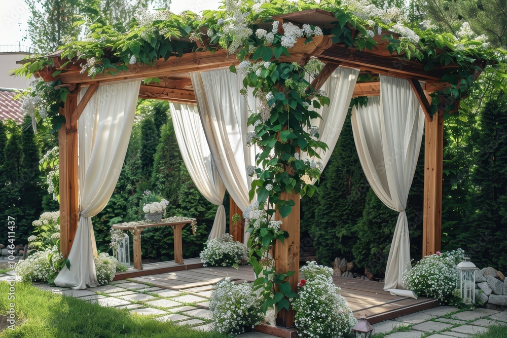 Bungalow with airy garden curtains summer gazebo for relaxation wedding décor romantic alcove with canopy terrace canopy décor Bungalow with airy garden curtains summer gazebo for relaxation wedding décor romantic alcove with canopy terrace canopy décor