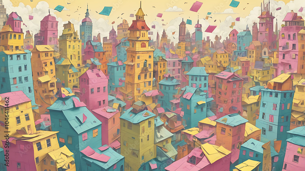 Obraz premium A whimsical cityscape with buildings made of colorful post-it notes and reminders, symbolizing the weight of mental clutter in daily life, contrasted with a character seeking peace amidst the chaos