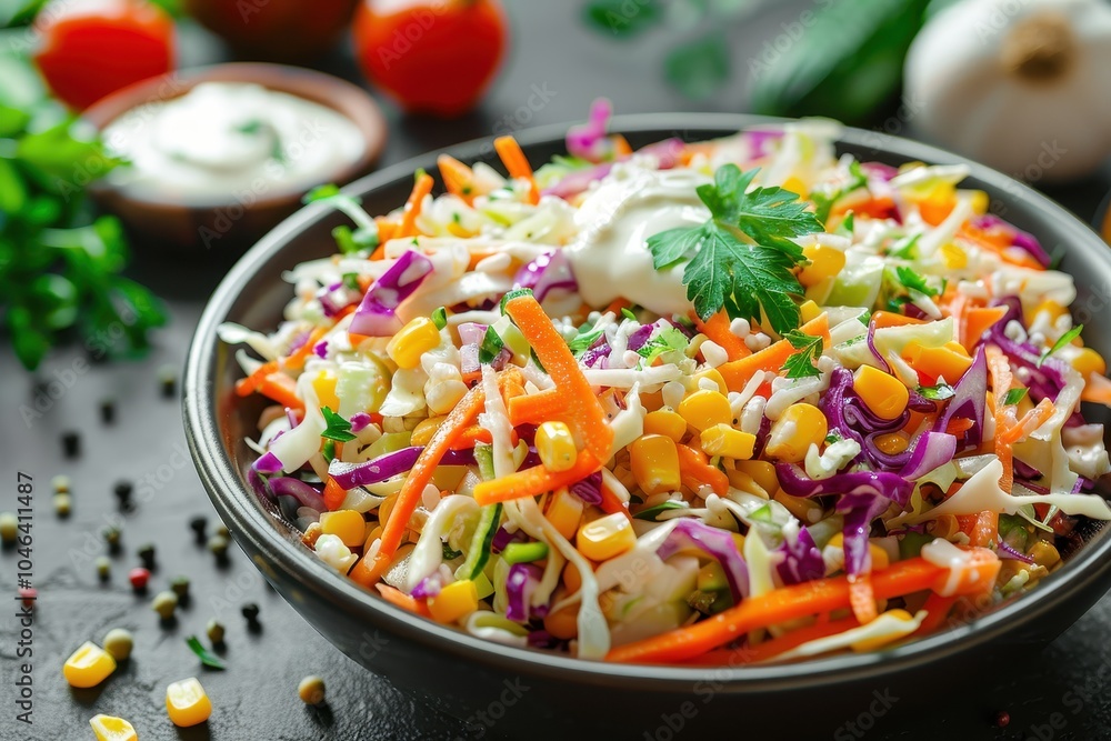 Cabbage cucumber corn carrot salad with Greek yogurt dressing in a bowl Cabbage cucumber corn carrot salad with Greek yogurt dressing in a bowl