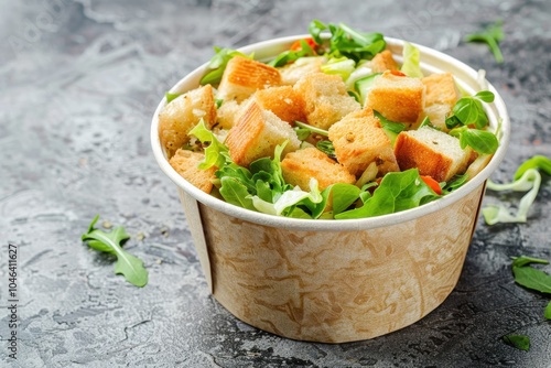 Caesar salad to go in a paper bowl with lid on stone background photo